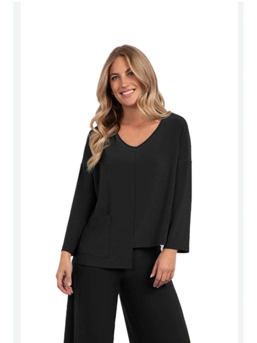 Sympli Etch Tunic Shirt Womens 8 Black Jersey V Neck Long Sleeve Asymmetrical